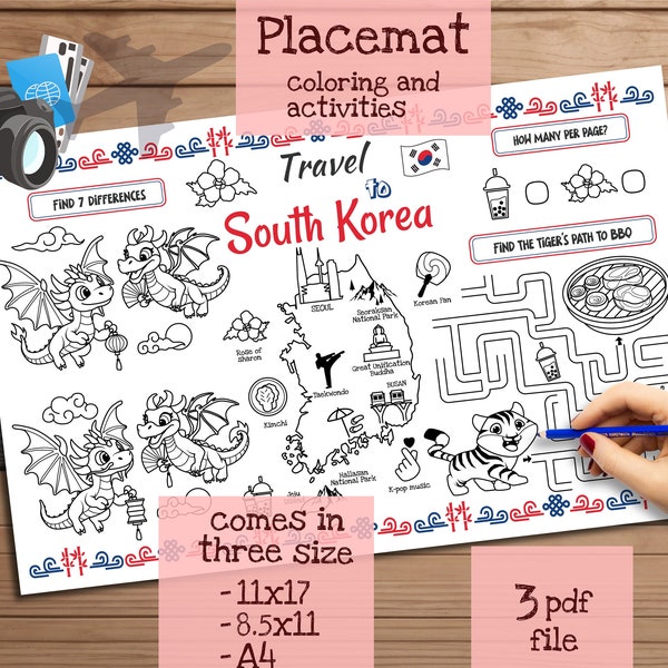 Placemat Travel to South Korea. Printable Coloring Page for Kids. Travel Activity Sheet. Kids Menu for Restaurant