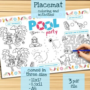 Printable Pool Party Activity Placemat - Fun Kids Birthday Coloring Page