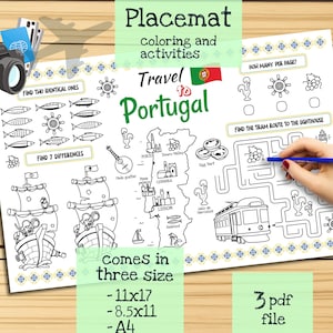Tischset Reise nach Portugal. Druckbare Malvorlage für Kinder. Reise Erinnerungsbogen. Kinder-Speisekarte für das Restaurant. Lernmittel und Spielzeug
