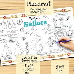 Placemat Heroes Sailors - Printable Birthday Coloring Page. Activity sheet. Kids Menu