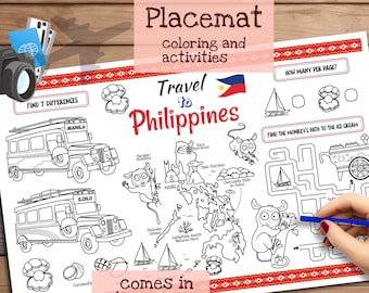 フィリピン旅行用のプレイスマット。子供向けの印刷可能な塗り絵。旅行アクティビティシート。レストランの子供向けメニュー。教材