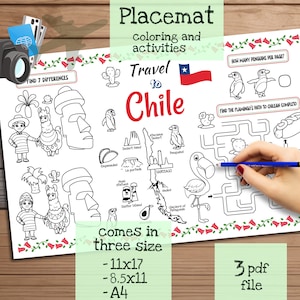 Tischset Reise nach Chile. Druckbare Malvorlage für Kinder. Reise Erinnerungsbogen. Kinder-Speisekarte für das Restaurant. Lernmittel und Spielzeug