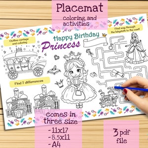 Happy Birthday Princess Placemat. Printable Birthday Coloring Page for Girls. Happy Birthday Princess Activity Sheet