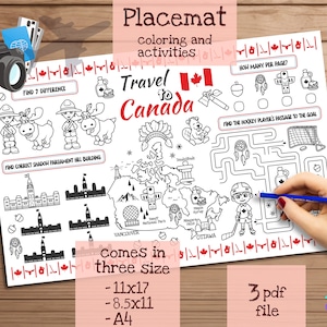 Travel to Canada Tischset. Druckbare Malvorlage für Kinder. Reise Erinnerungsbogen. Kinder-Speisekarte für das Restaurant. Lernmittel und Spielzeug