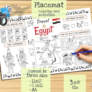 Tischset Reise nach Ägypten. Druckbare Malvorlage für Kinder. Reise Erinnerungsbogen. Kinder-Speisekarte für das Restaurant. Lernmittel und Spielzeug