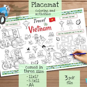 Tischset Reise nach Vietnam. Druckbare Malvorlage für Kinder. Reise Erinnerungsbogen. Kinder-Speisekarte für das Restaurant. Lernmittel und Spielzeug