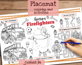 Placemat Heroes Firefighters - Printable Birthday Coloring Page. Activity sheet. Kids Menu