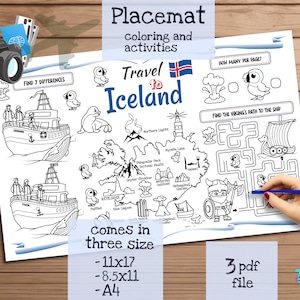 Tischset 'Reise nach Island'. Druckbare Malvorlage für Kinder. Reise Erinnerungsbogen. Kinder-Speisekarte für das Restaurant. Lernmittel und Spielzeug