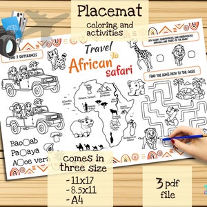 Afrikanisches Safari Tischset - Malseite zum Ausdrucken für Kinder. Arbeitsblatt für Kinder. Auf Reisen nach Afrika. Lernmittel und Spielzeug