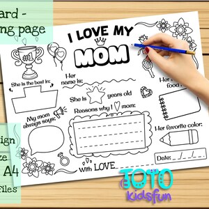 Malkarte „Ich liebe meine Mutter“. Vorlage für DIY-Grüße! Kindergeschenk, liebe Mutter zum Geburtstag, Muttertag oder Internationalen Frauentag