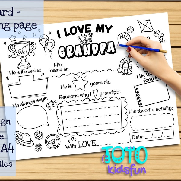 Printable coloring page "I love my grandpa." DIY template for congratulations! A cute gift from children for Grandfather's Birthday!