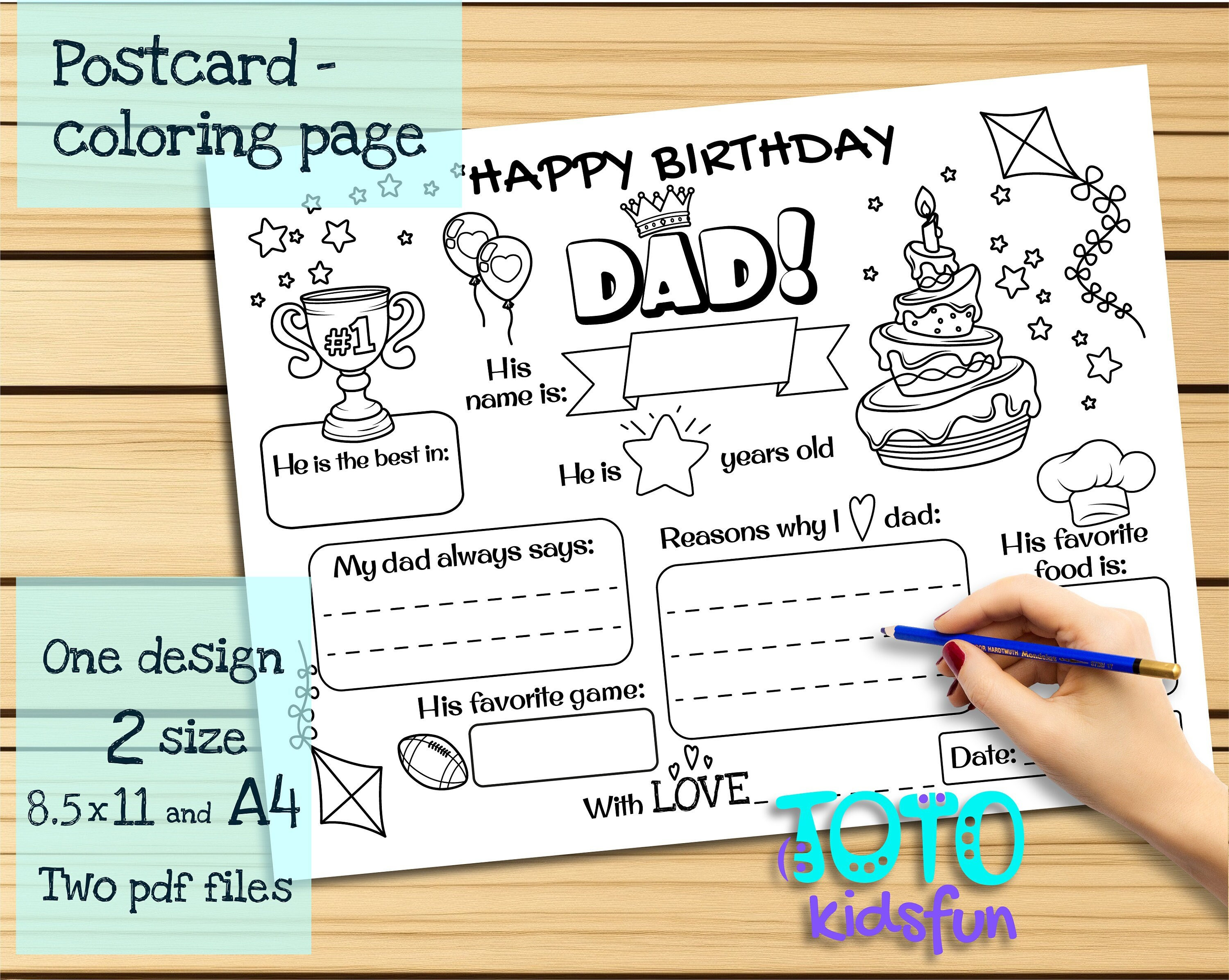Printable Coloring Card Happy Birthday Dad. Template for DIY Greetings