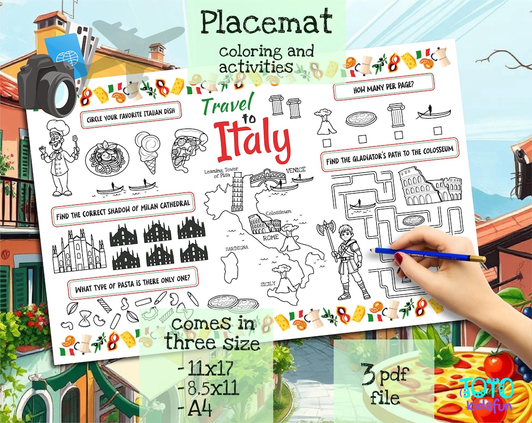 Travel to Italy Placemat. Printable Coloring Page for Kids. Travel ...