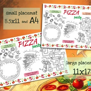 Pizza Party Placemat. Printable Birthday Coloring Page for Kids. Pizza Party Activity Sheet. Kids Menu for Restaurant image 2