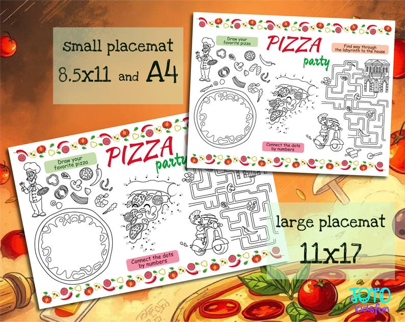 Pizza Party Placemat. Printable Birthday Coloring Page for Kids. Pizza Party Activity Sheet. Kids Menu for Restaurant image 2