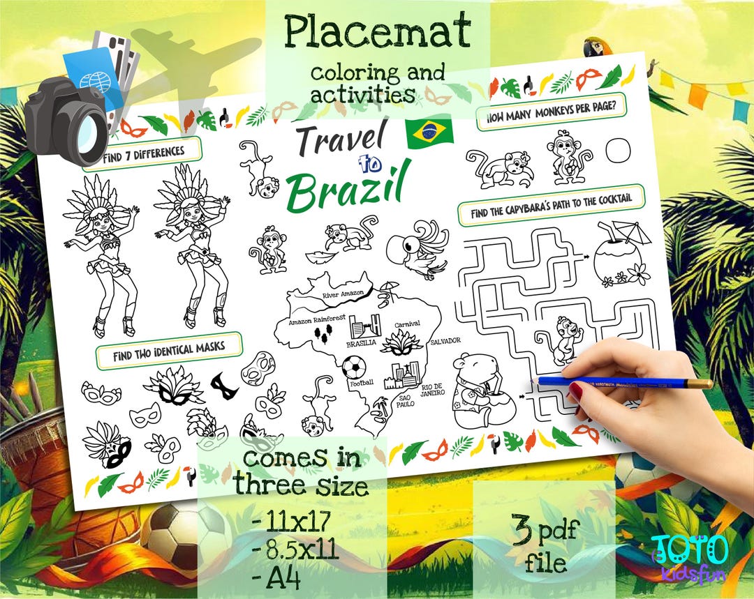 Travel to Brazil Placemat. Printable Coloring Page for Kids. Travel ...