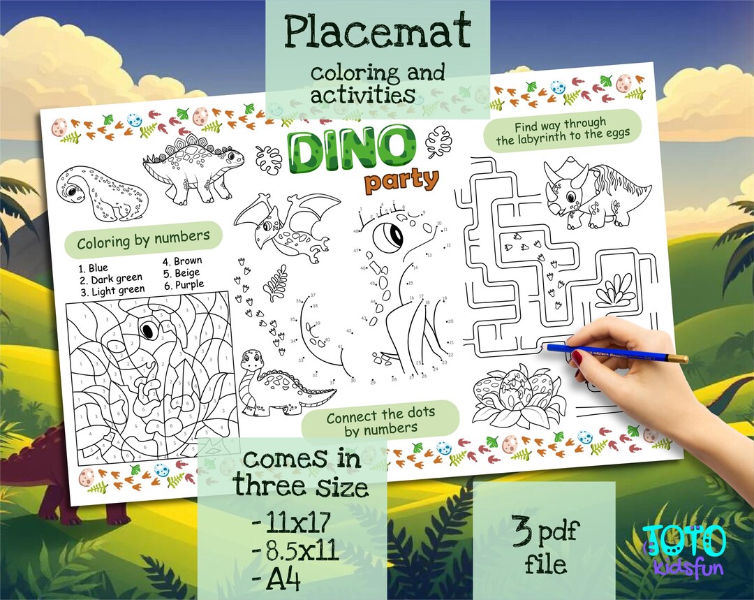 Dinosaur Activity Sheet for Kids | Dino Birthday Party Placemat ...