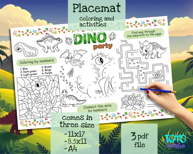 Dinosaur Activity Sheet for Kids | Dino Birthday Party Placemat ...
