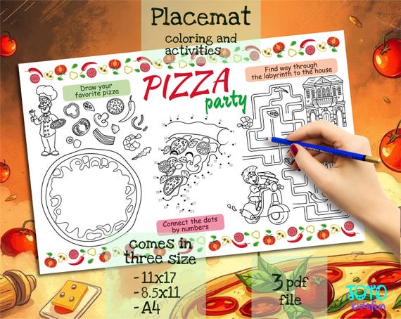 Pizza Party Placemat. Printable Birthday Coloring Page for Kids. Pizza Party Activity Sheet. Kids Menu for Restaurant