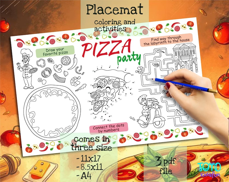 Pizza Party Placemat. Printable Birthday Coloring Page for Kids. Pizza Party Activity Sheet. Kids Menu for Restaurant image 1