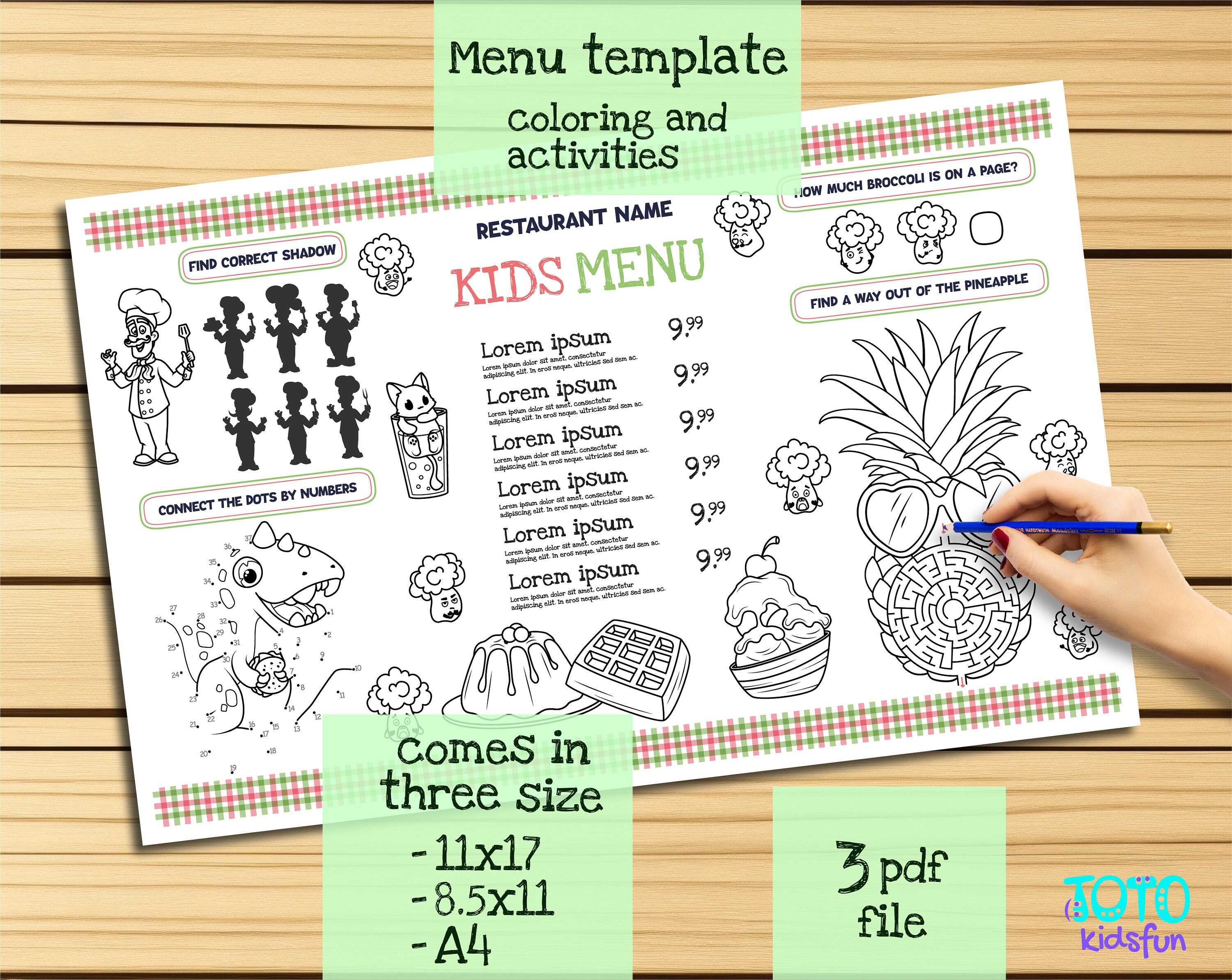 Modello stampabile di menu per bambini per ristoranti con divertente foglio di attività