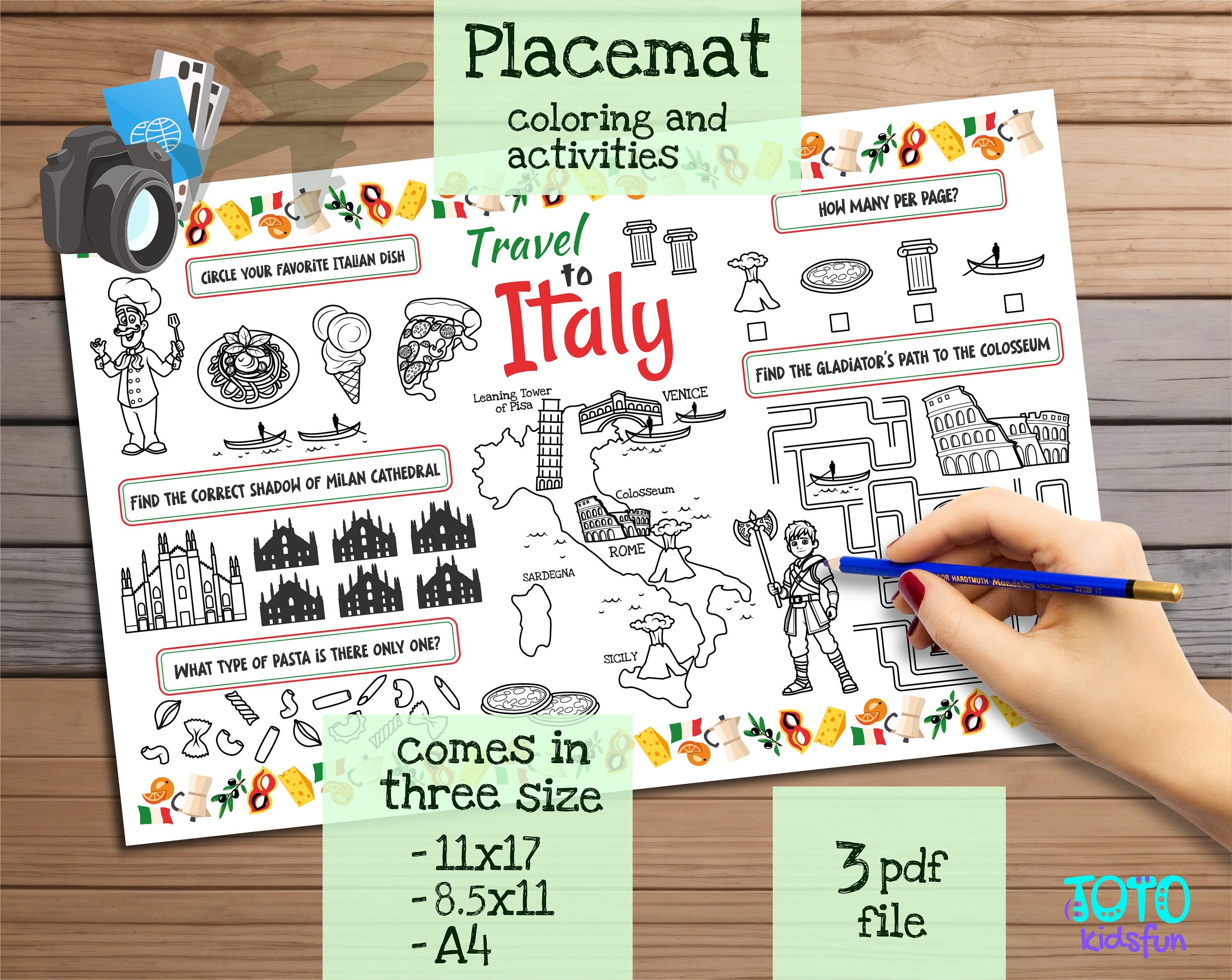Travel to Italy Placemat. Printable Coloring Page for Kids. Travel Activity Sheet. Kids Menu for ...