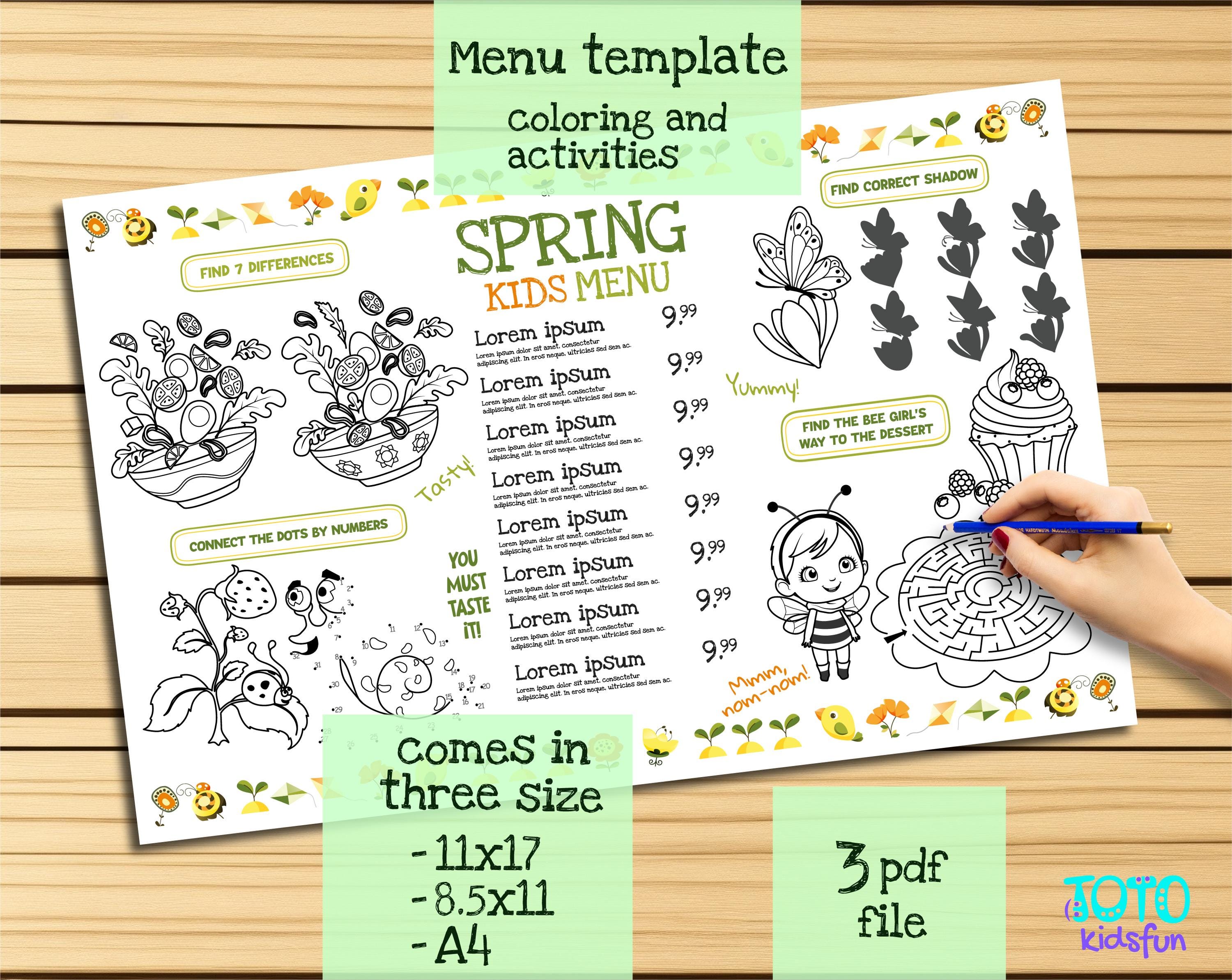 Outdoor Activity Menu Layout Printable Template Spring Kids Menu for Restaurants With Fun Activity ...
