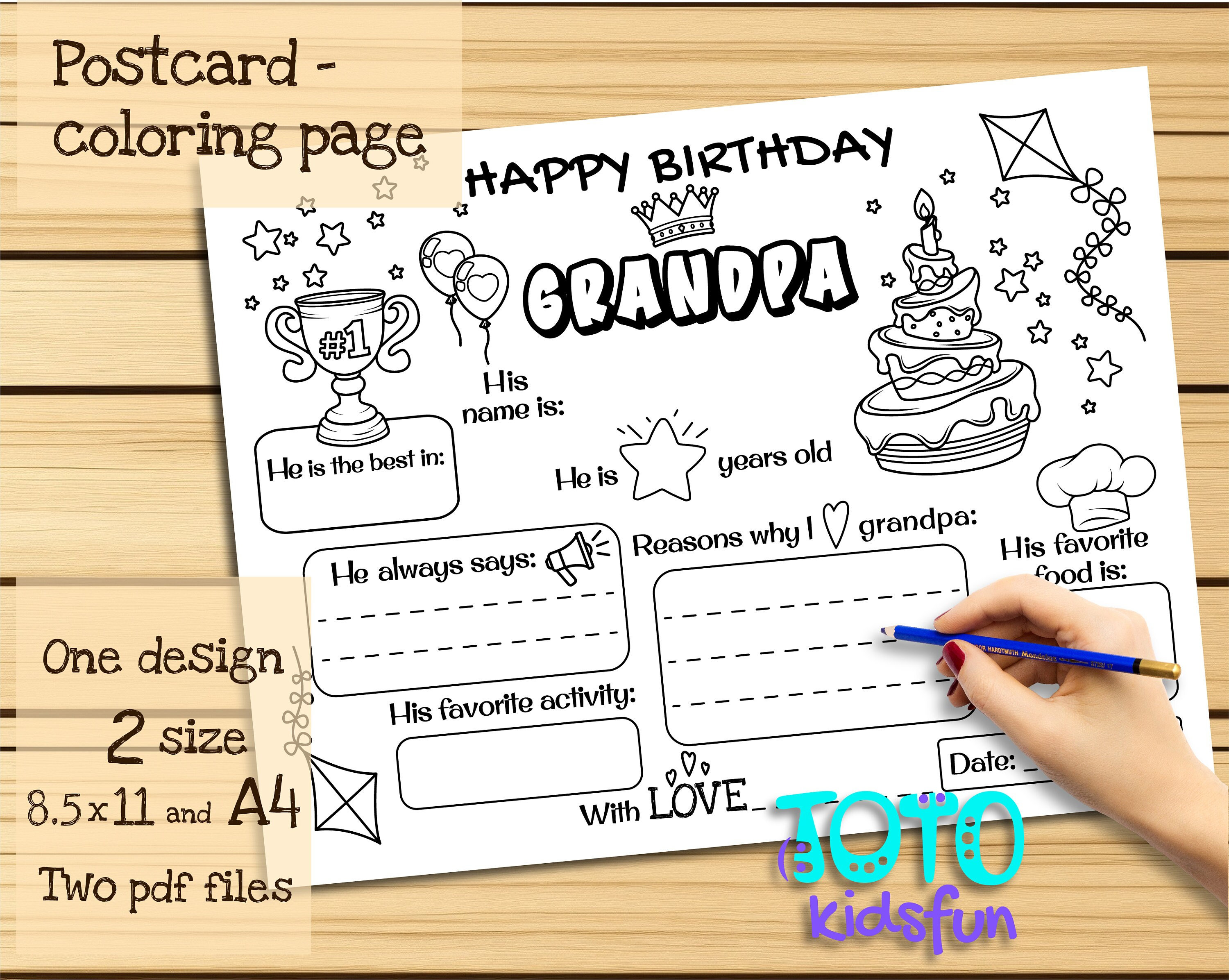 Printable Coloring Card Happy Birthday Grandpa. Template for DIY ...
