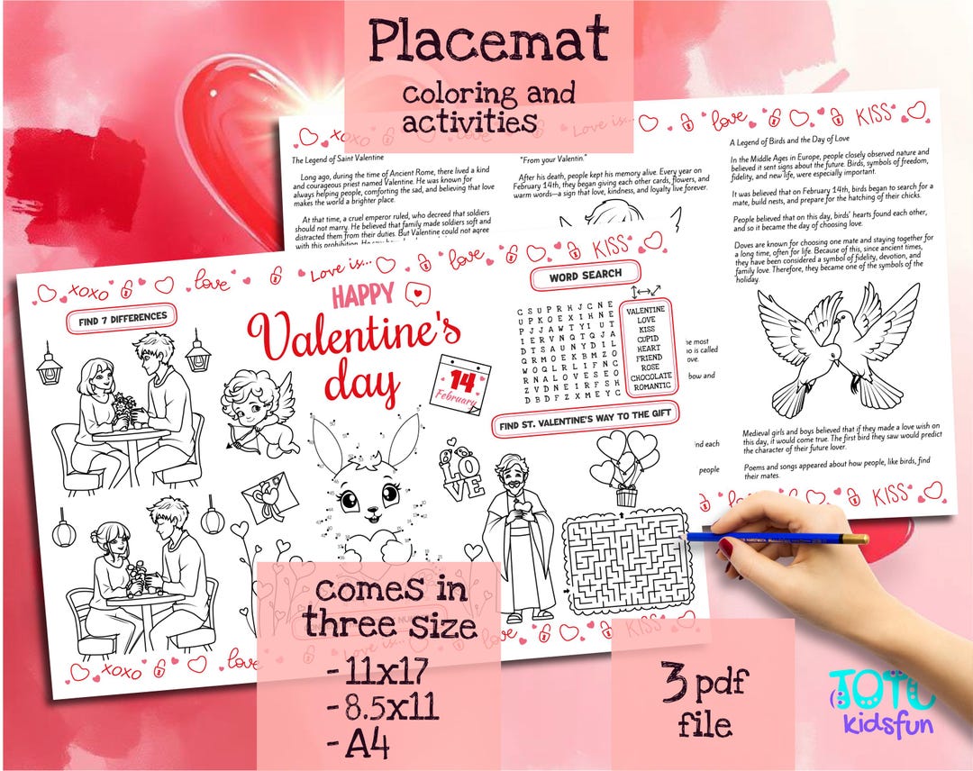 Printable Placemat Happy Valentine's Day. Coloring Page for Kids. the ...