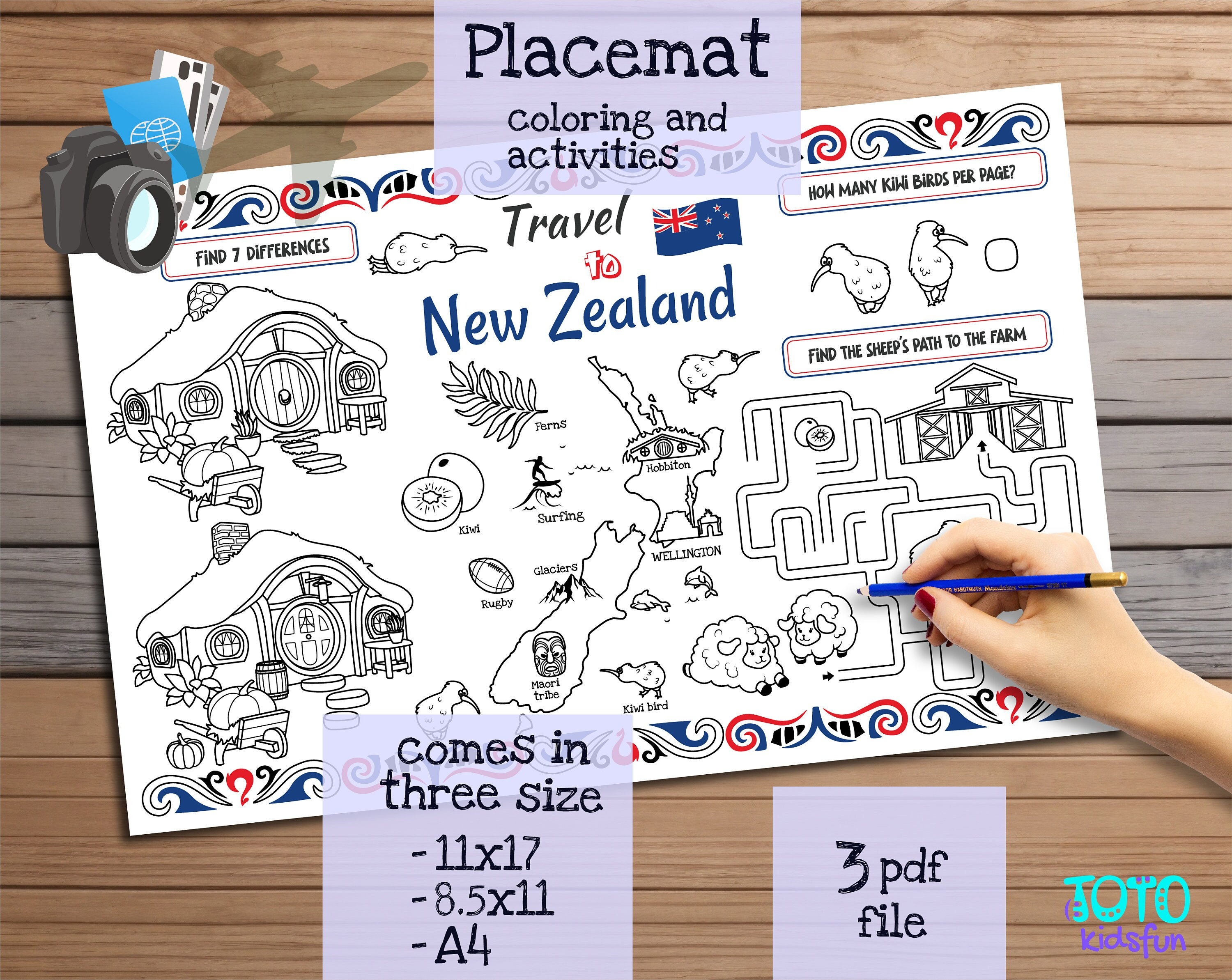 Placemat Travel to New Zealand. Printable Coloring Page for Kids. Travel Activity Sheet. Kids Menu for Restaurant. Educational materials