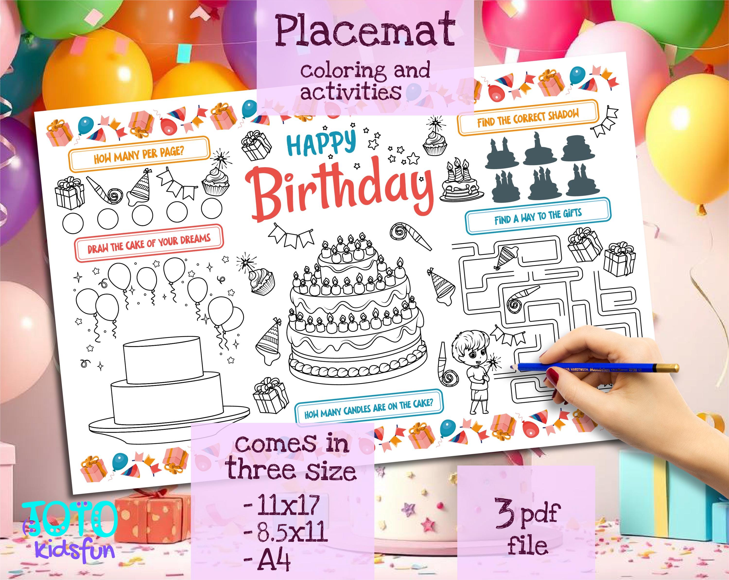 Happy Birthday Activity Placemat for Kids | Birthday Party Games ...