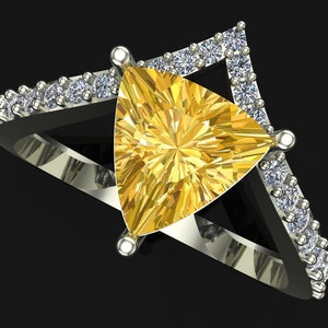 18K White Gold Ring with 8MM Trillian Citrine and White Diamond (GH-SI).