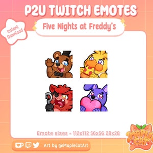 Puede incluir: Cuatro emoticonos de personajes de dibujos animados para Twitch, con Freddy Fazbear, Chica, Foxy y Bonnie de la serie de videojuegos Five Nights at Freddy's. Los emoticonos están en un formato de cuadrícula, con Freddy en la parte superior izquierda, Chica en la parte superior derecha, Foxy en la parte inferior izquierda y Bonnie en la parte inferior derecha. Los emoticonos están todos en un estilo de dibujos animados, con colores brillantes y características exageradas. El texto "Five Nights at Freddy's" está en la parte superior de la imagen, y el texto "Emote sizes - 112x112 56x56 28x28" está en la parte inferior de la imagen.