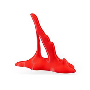 May include: A bright red, abstract, 3D printed sculpture with a smooth, glossy finish. The sculpture has a unique, organic shape with a flowing, fluid design.