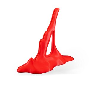 May include: A bright red, abstract, 3D printed sculpture with a tall, thin, vertical form and a wide, flat base.