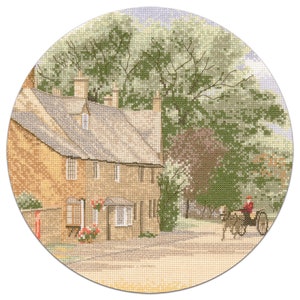Village Lane Cross Stitch Kit, Circle Collection by watercolour artist John Clayton Heritage Crafts COUNTED Cross Stitch Kit
