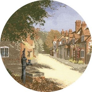 The Old Pump Village Countryside Cross Stitch Kit, Circle Collection watercolour artist John Clayton Heritage Crafts Cross Stitch Kit