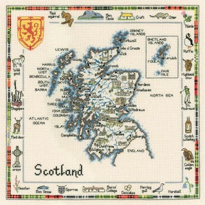 Karte von Schottland, spezielles Interesse Kreuzstichpackung - Große Kreuzstichpackung von Heritage Crafts - GEZÄHLTE Kreuzstichpackung