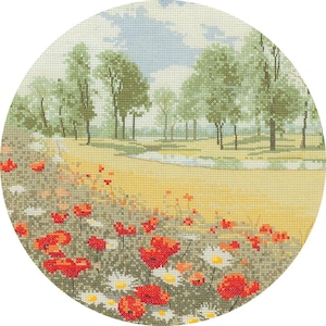 Summer Meadow Poppies & Daisies Cross Stitch Kit, Circle Collection watercolour artist John Clayton Heritage Crafts COUNTED Cross Stitch Kit
