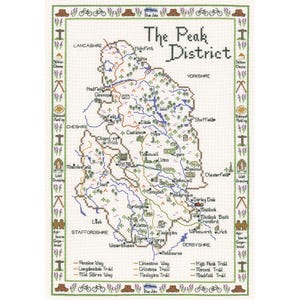 May include: A cross-stitch map of the Peak District, showing towns and trails. The map is framed with decorative elements including bicycles, hats, and lavender. The text "The Peak District" is at the top.