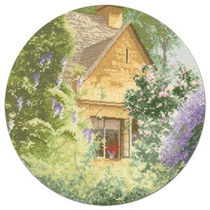 Wisteria Cottage Cross Stitch Kit, Circle Collection by watercolour artist John Clayton Heritage Crafts COUNTED Cross Stitch Kit