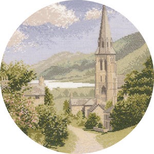 Lakeside Village Countryside Cross Stitch Kit, Circle Collection watercolour artist John Clayton Heritage Crafts COUNTED Cross Stitch Kit