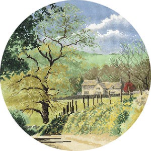 Primrose Bank Countryside Cross Stitch Kit, Circle Collection watercolour artist John Clayton Heritage Crafts COUNTED Cross Stitch Kit