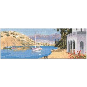 Mediterranean Harbour - Cross Stitch Kit, Panorama Cross Stitch Kit by artist John Clayton Heritage Crafts COUNTED Cross Stitch Kit