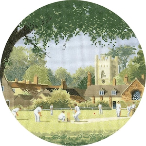 Sunday Cricket Countryside Cross Stitch Kit, Circle Collection watercolour artist John Clayton Heritage Crafts COUNTED Cross Stitch Kit