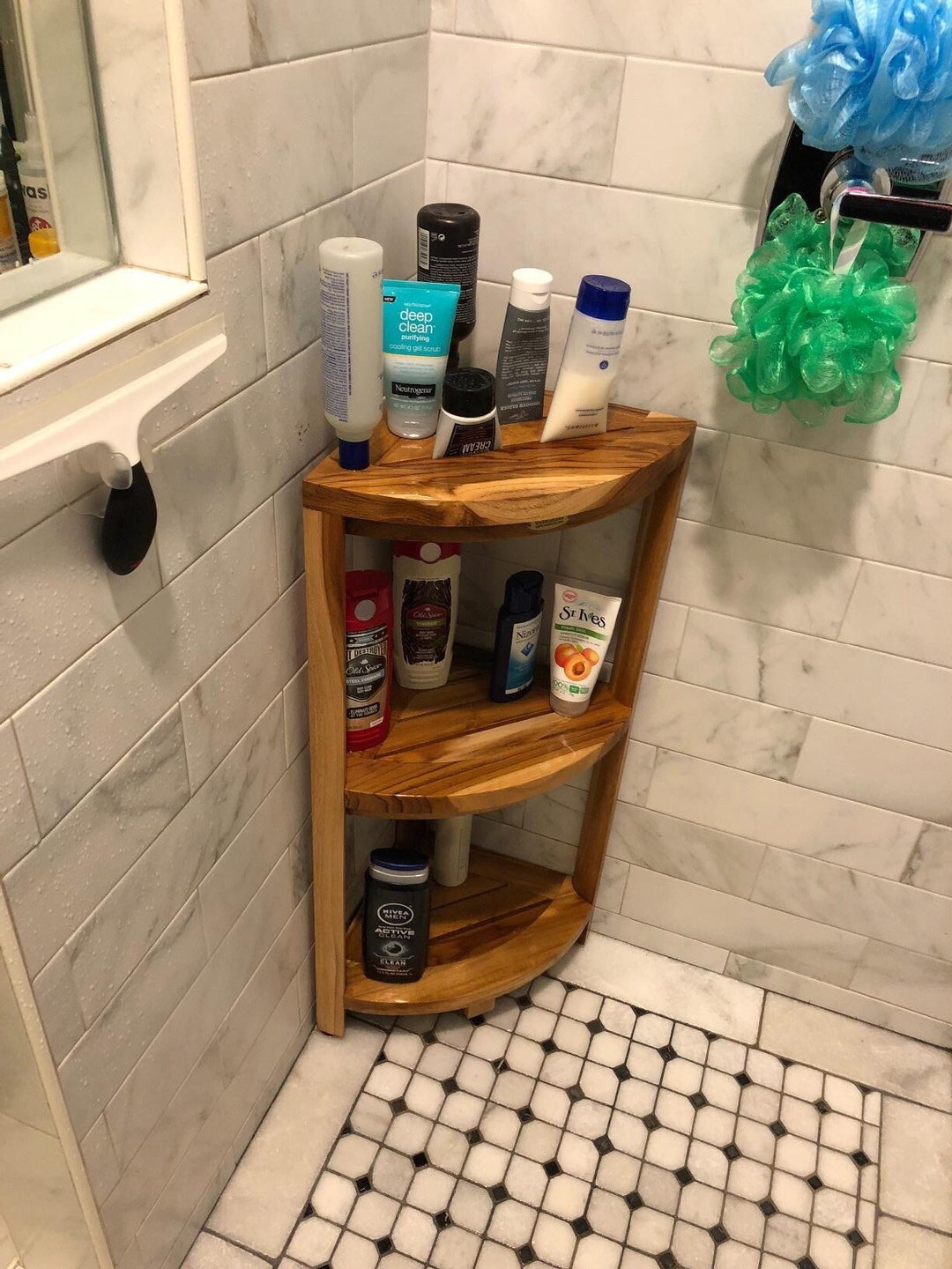 Corner Teak Shower Corner Shelf Natural Solid Wood Corner Etsy
