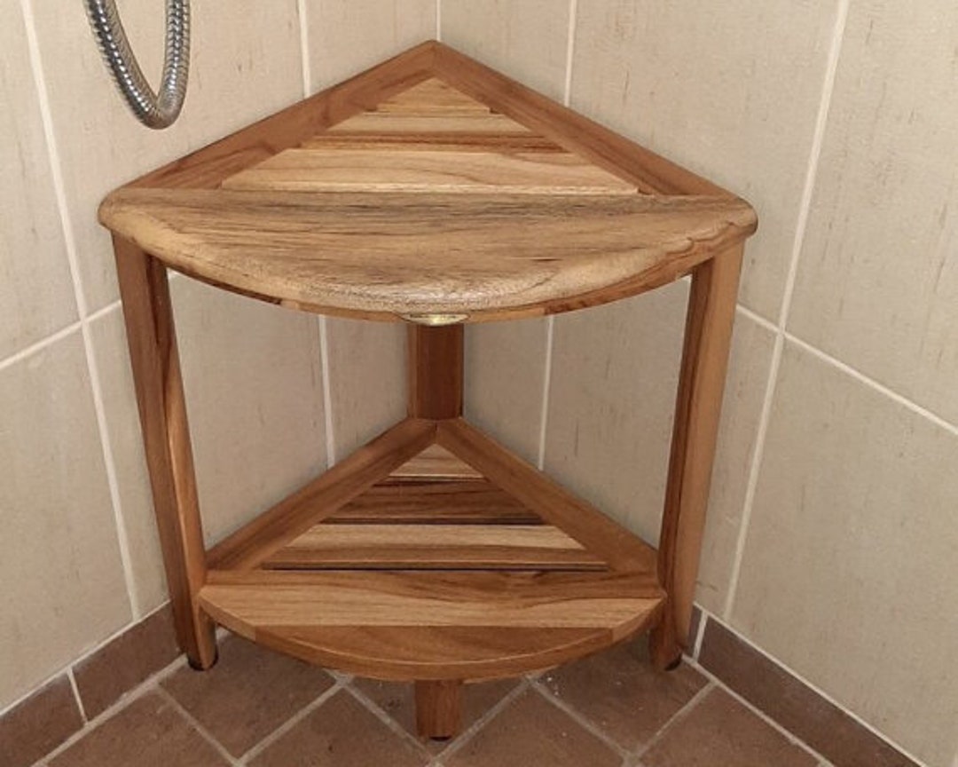 Teak Shower Corner Bench With Storage Shelf Wood Shower Seat Etsy