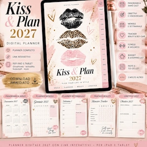 Può includere: Un'agenda digitale 2027 su schermo di tablet con tre impronte di labbra in nero, stampa leopardata e rosa. L'interfaccia include schede interattive, tracker degli obiettivi e layout mensili con accenti rosa e oro. Testo: Kiss & Plan 2027.