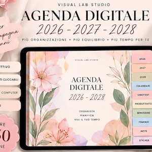 Può includere: Un'agenda digitale visualizzata su uno schermo di tablet con il testo AGENDA DIGITALE 2026-2028, decorata con illustrazioni floreali ad acquerello nei toni del rosa e del verde. L'interfaccia include schede laterali cliccabili per anni, calendari, obiettivi, produttività, benessere, finanze, note e adesivi.