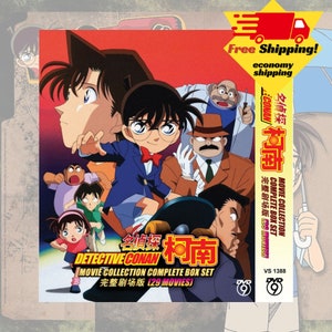 May include: A DVD box set featuring the anime series Detective Conan. The box set includes 29 movies and features a colorful illustration of the main characters, including Conan Edogawa, Ran Mouri, and Kogoro Mori. The text on the box reads "Detective Conan Movie Collection Complete Box Set - Complete Edition [29 Movies]"